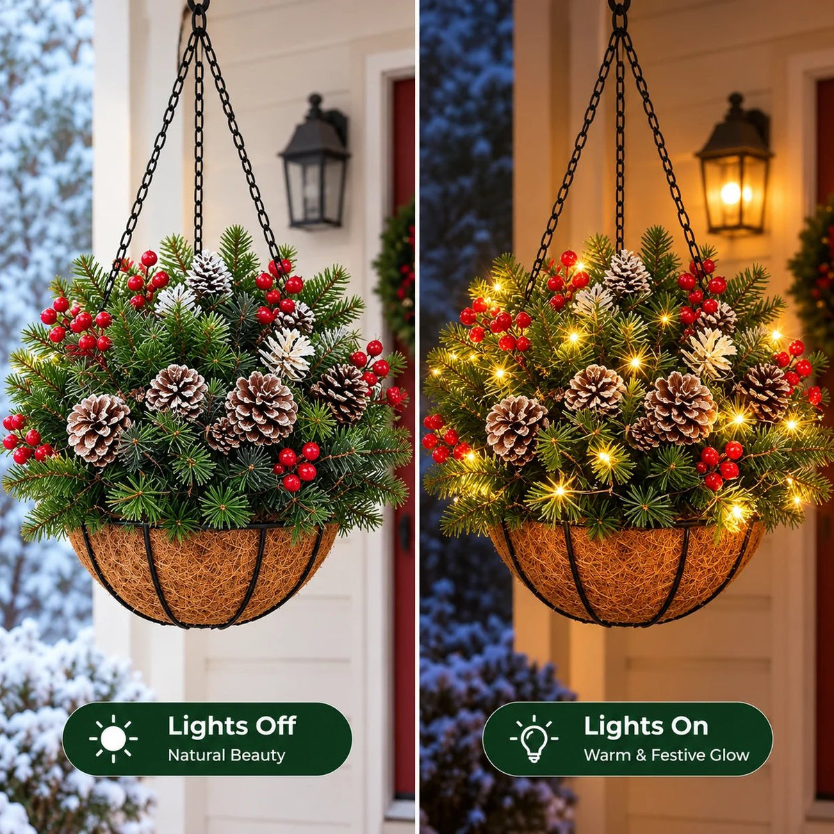 🌿✨ Upplyst hängande korg — Väderbeständig LED-dekoration med vintergröna växter, kräver inget underhåll