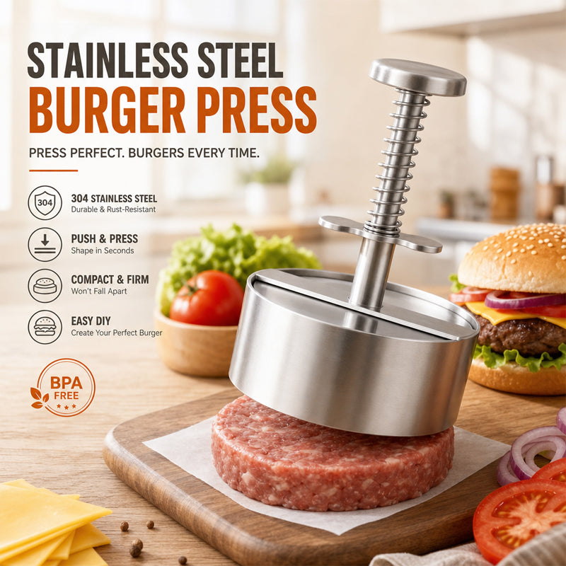 🍔Hållbar hamburgarpress i rostfritt stål💪Pressa fram perfekta, jämna hamburgarbiffar varje gång! ✨