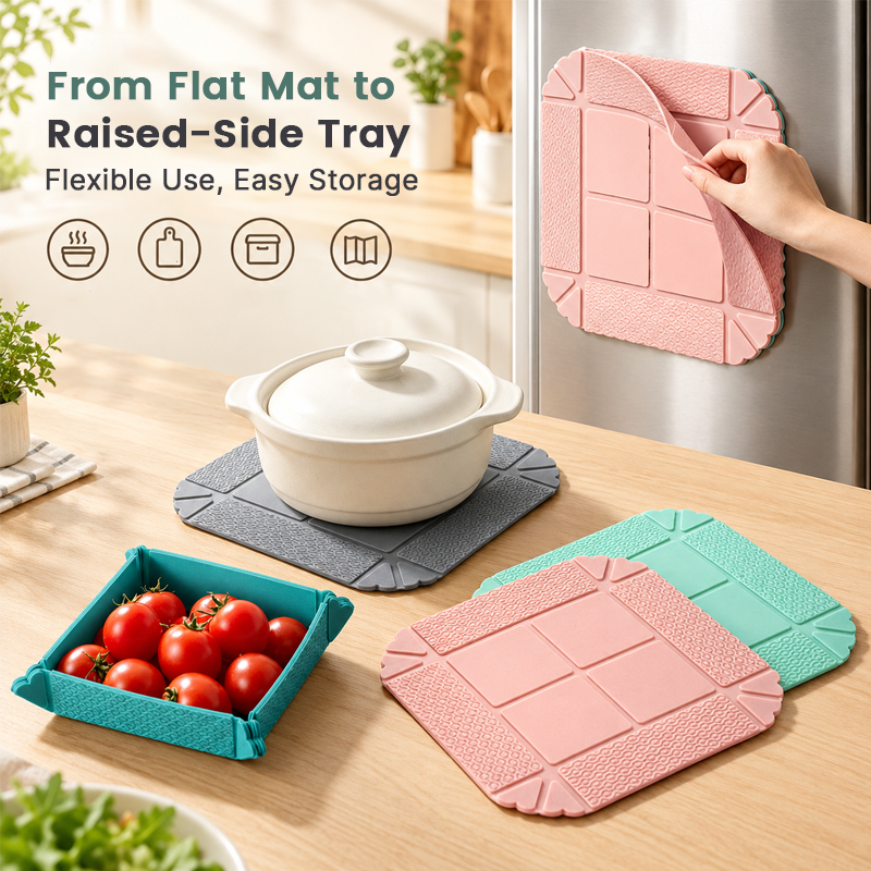 🍽️Hettbeständig, hopfällbar matta och förvaringsbricka – 2-i-1-underlägg och snacksbricka med magnetisk förvaring