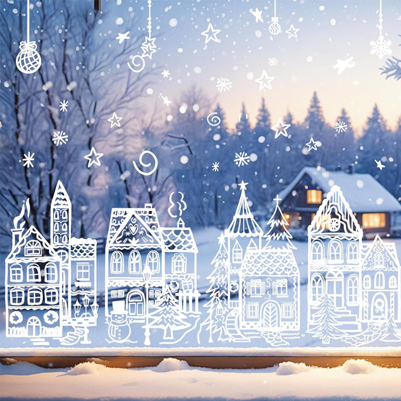 🏘️Fönsterdekaler med julby-motiv – snölandskap att dra av och klistra fast på glasdörrar och fönster