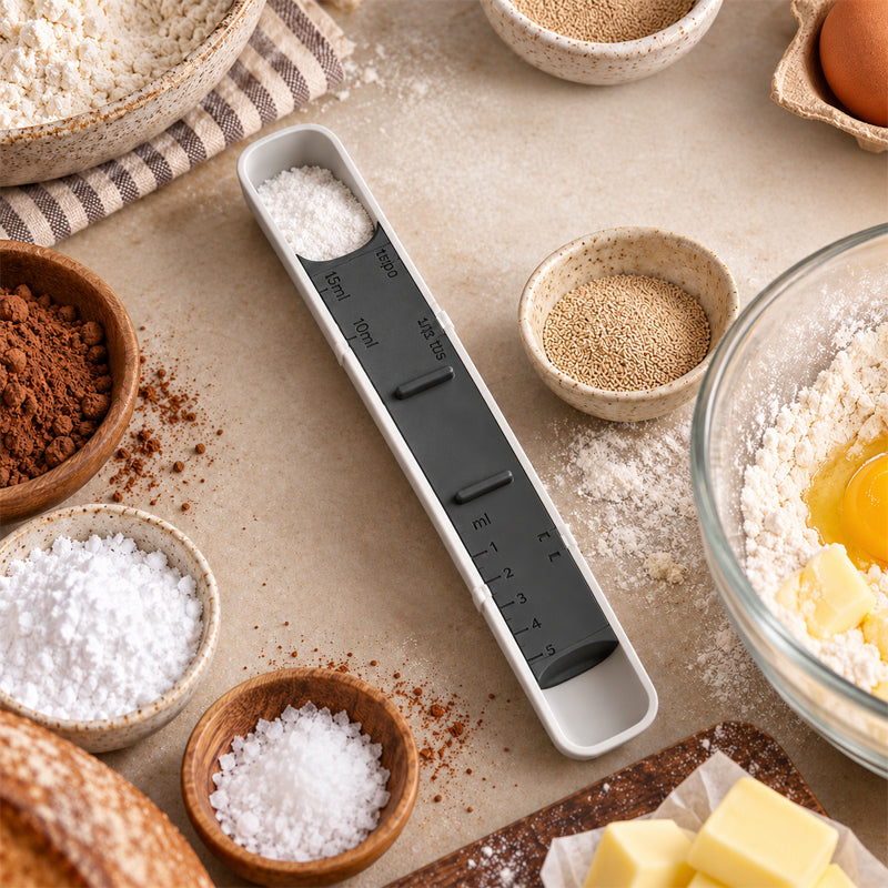 🥄Justerbar måttsked – 12 inställningar, en sked, torra och flytande ingredienser