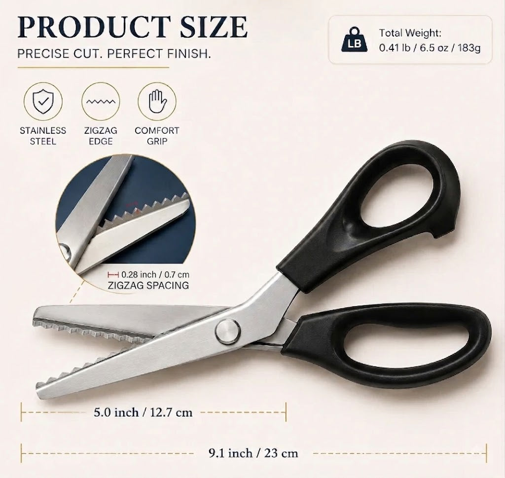 ✂️9,1" professionell tandad sax i rostfritt stål – ✨Skarp sicksackkant, sax som förhindrar att tyget fransar sig, för sömnad och hantverk