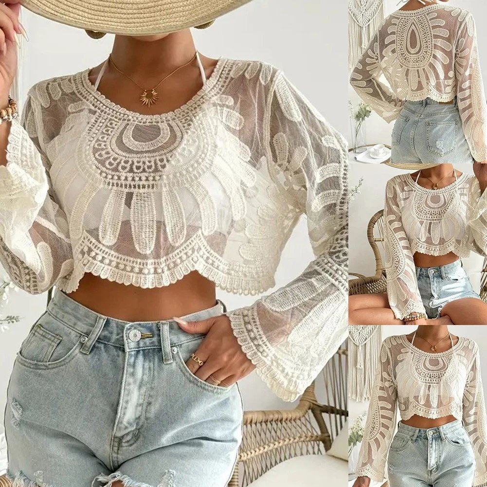 🌺 Transparent t-shirt med blommig broderi för dam 🌊