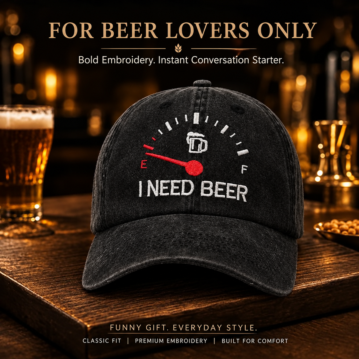 🧢 Broderad keps med bränslemätare och texten ”I Need Beer”: En rolig basebollkeps! 🍺✨