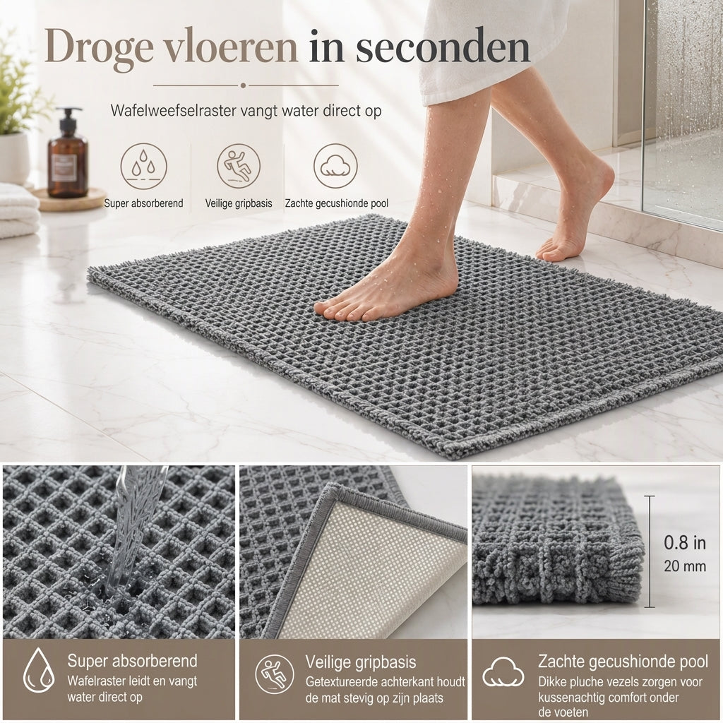 🧺Vaffelmönstrad badrumsmatta – extremt absorberande, halkfri och tvättbar i maskin för ett torrt och säkert badrum